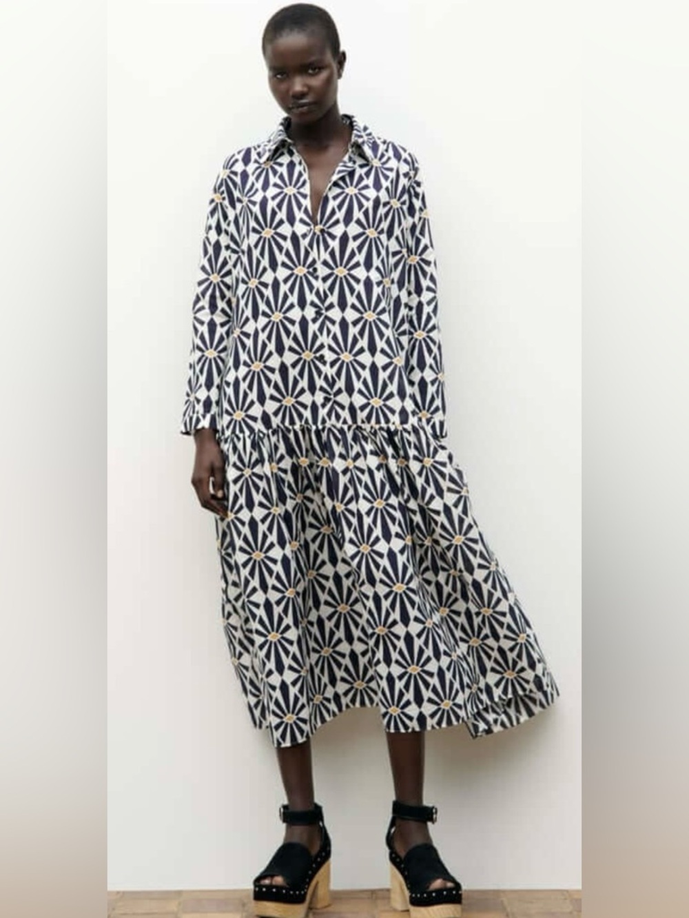 Zara - Midi Dress - Navy & White Geometric Midi Dress with Gold Accents